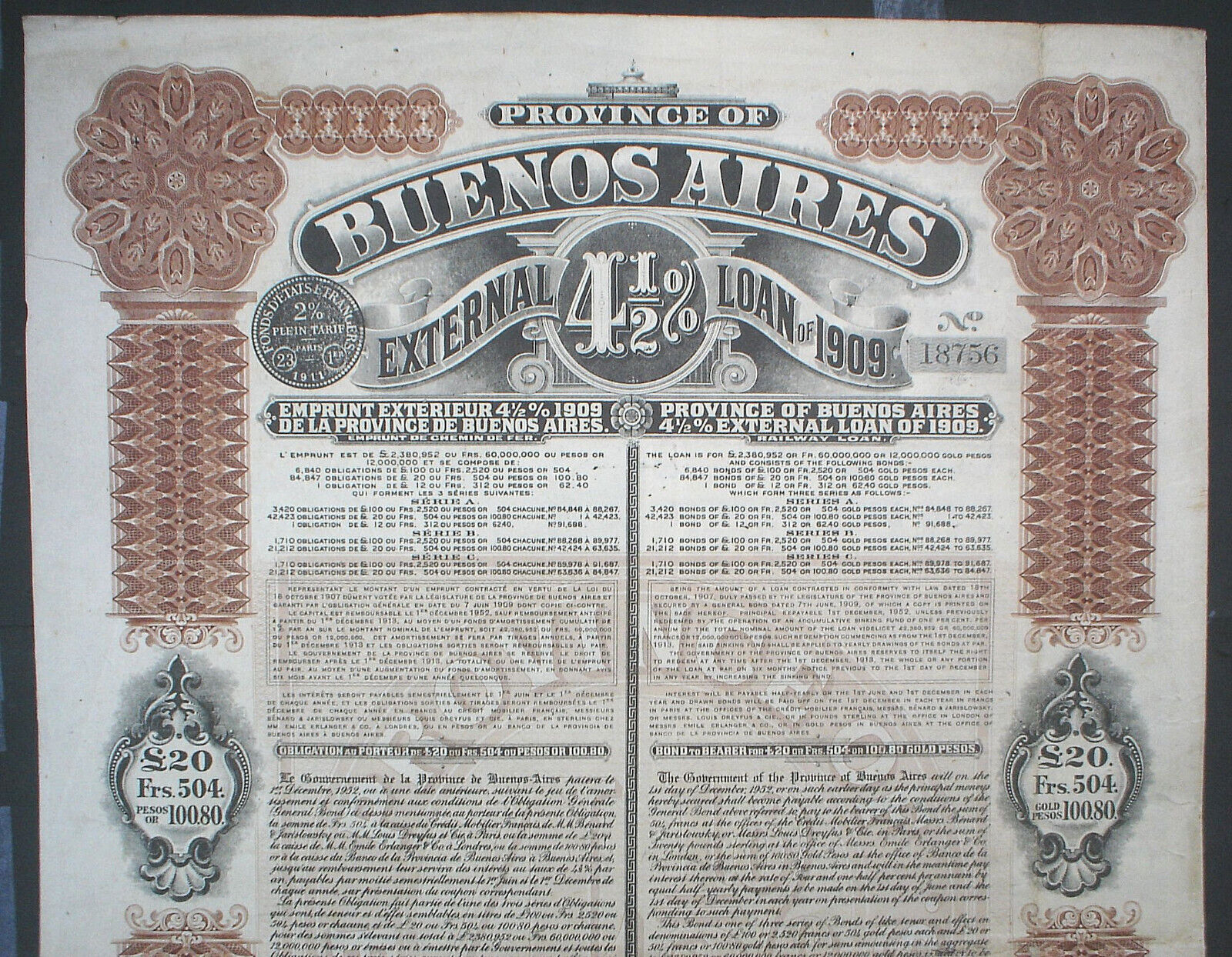 Argentina Buenos Aires External Loan 20₤ Gold Pesos Unc. Coupons Waterlow & Sons