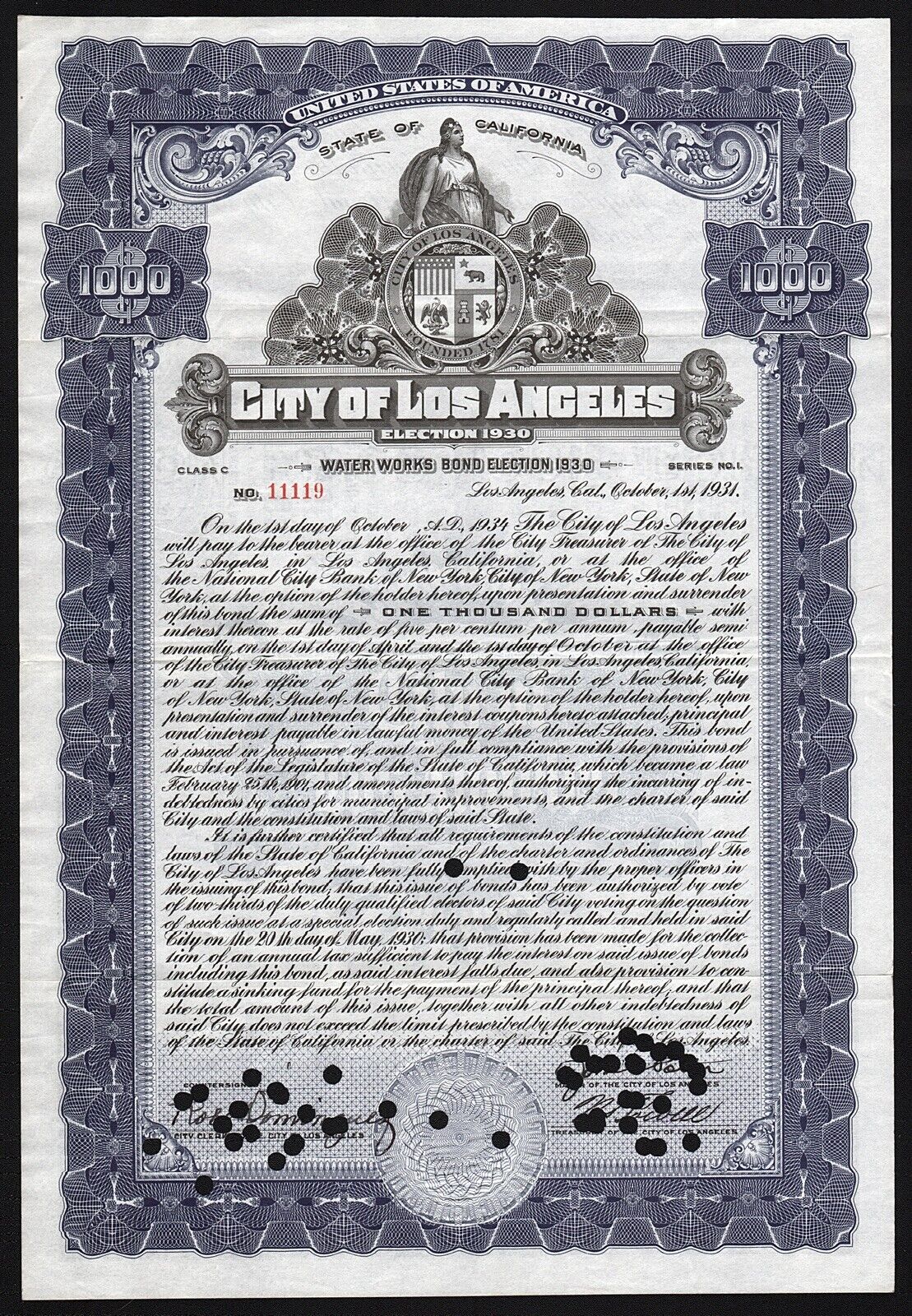 1931 California: City Of Los Angeles - Water Works Bond, Election 1930