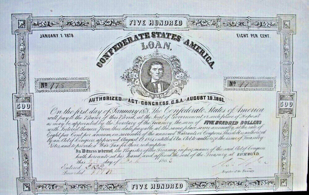 Confederate States Of America $ 500 Loan + Cp Richmond 1863 Usa Csa A.h Stephens
