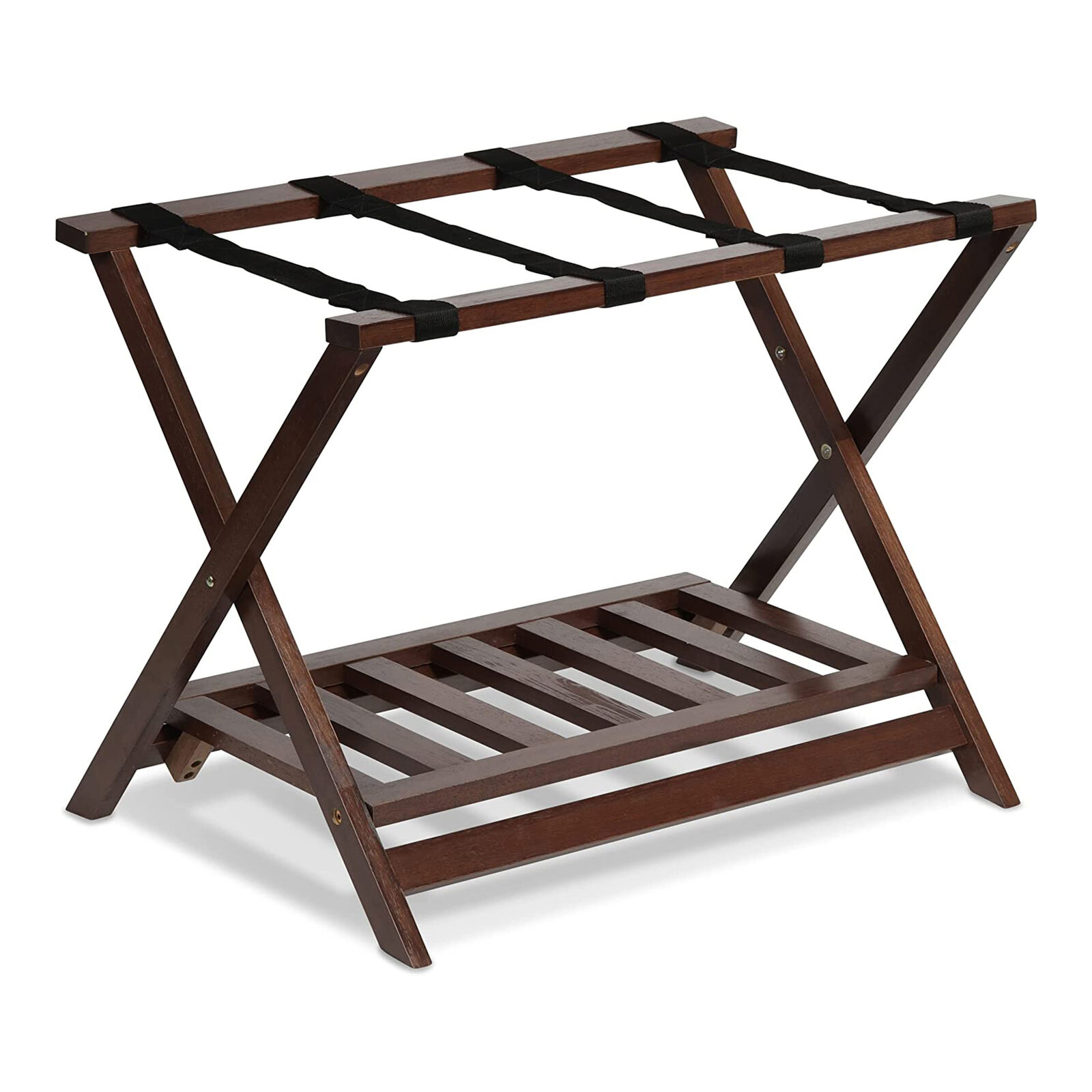 Pj Wood Hotel Style Wood Home Folding Suitcase Luggage Rack With Shelf, Walnut